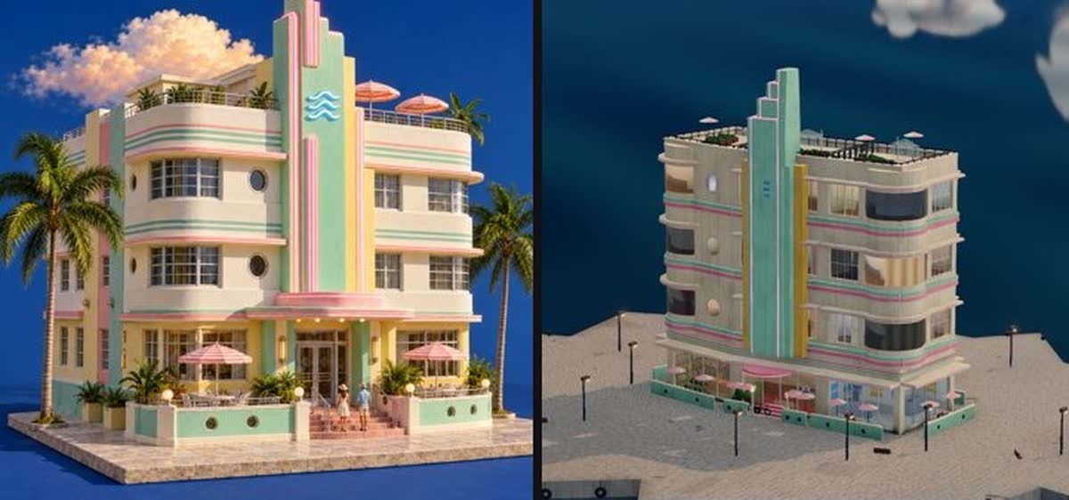 two art deco hotels in pastel colours
